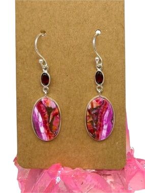 Kingman Pink Dahlia Turquoise Garnet Earrings Solid 925 Sterling Silver